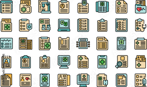 Treatment history icons set outline vector. Doctor health. Ehr medical thin line color flat on white