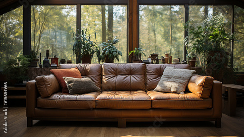Leather couch in natural livingroom © Thykes Designs