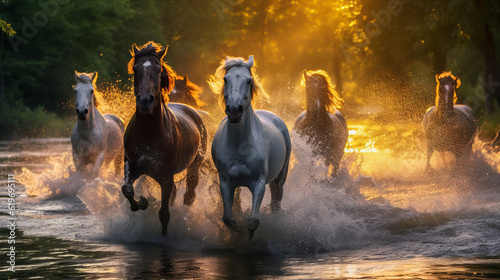 horse on the beach, galloping horses jumping over river, generative ai