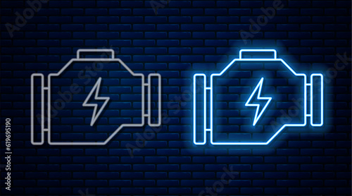 Glowing neon line Check engine icon isolated on brick wall background. Vector