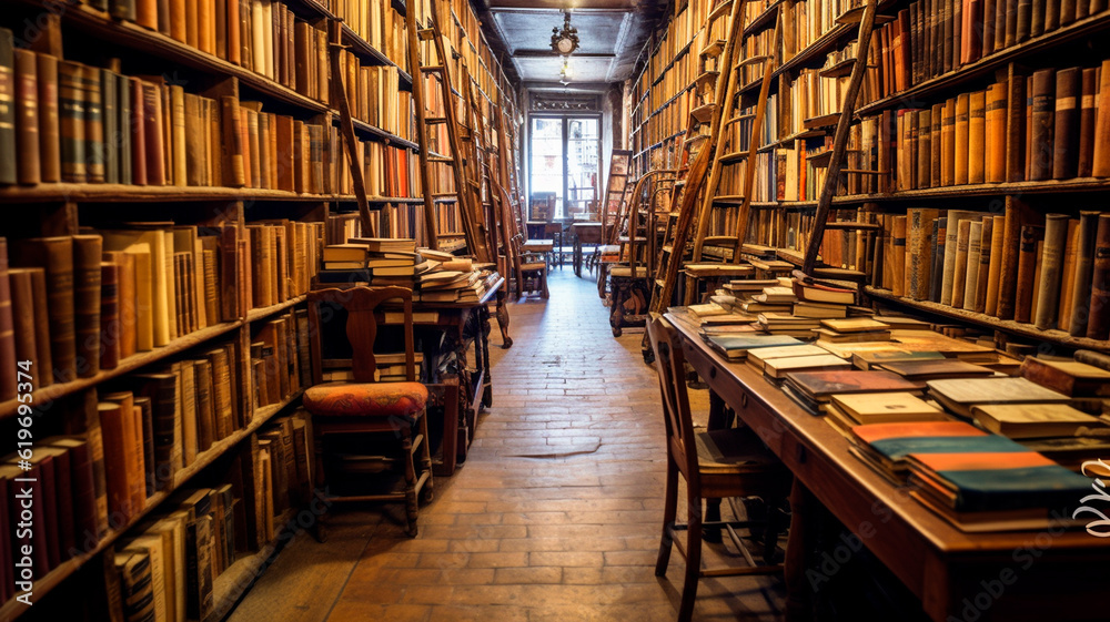 Long shelves with many old vintage books in bookstore. Generative AI