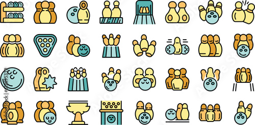 Skittles icons set outline vector. Sport game. Alley equipment thin line color flat on white