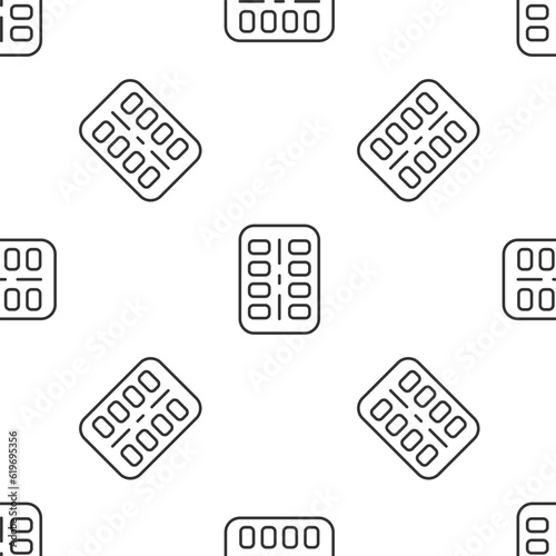 Grey line Nicotine gum in blister pack icon isolated seamless pattern on white background. Helps calm cravings and reduces anxiety caused by quitting smoking. Vector