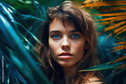 Portrait of beautiful woman with shadows of palm leaf on face. wild woman in Jungle. beautiful girl in palm leaves. Beauty Portrait