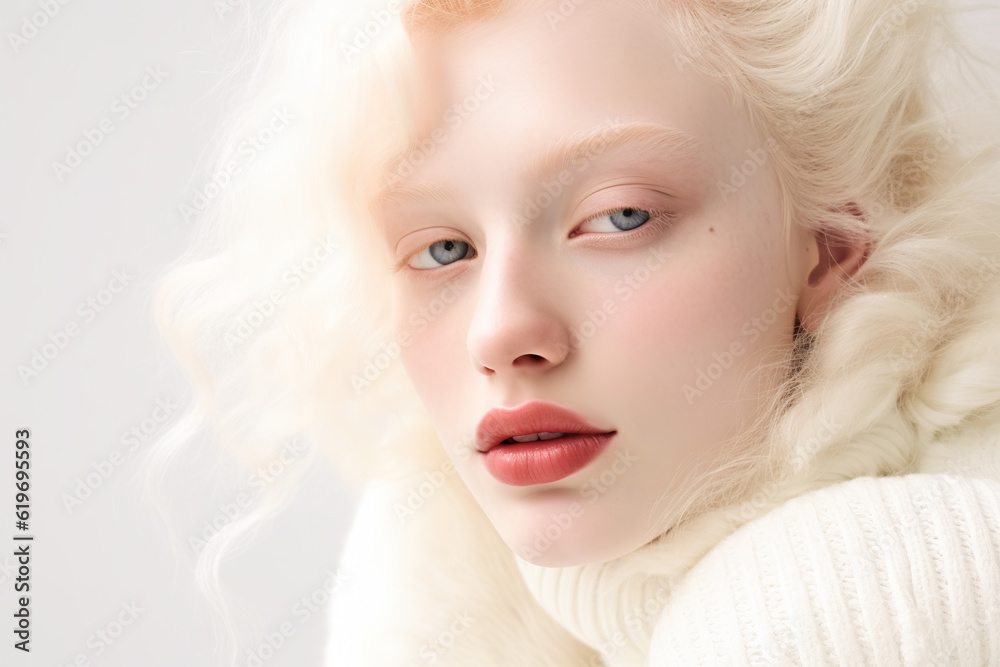 Caucasian albino girl posing in studio.  Portrait of a beautiful young woman. Body positivity, diversity and fashion concept