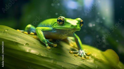 frog in the pond, frog resting on a transparent leaf, generative ai