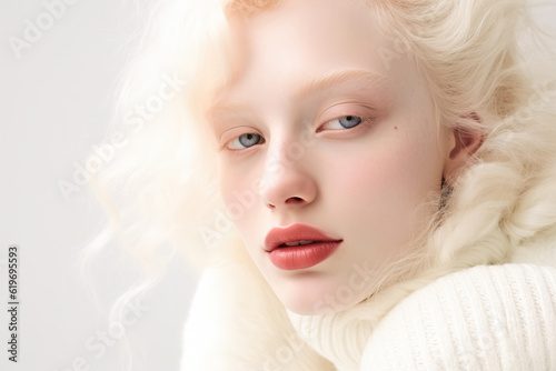 Caucasian albino girl posing in studio. Portrait of a beautiful young woman. Body positivity, diversity and fashion concept