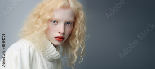 Caucasian albino girl posing in studio.  Portrait of a beautiful young woman. Body positivity, diversity and fashion concept