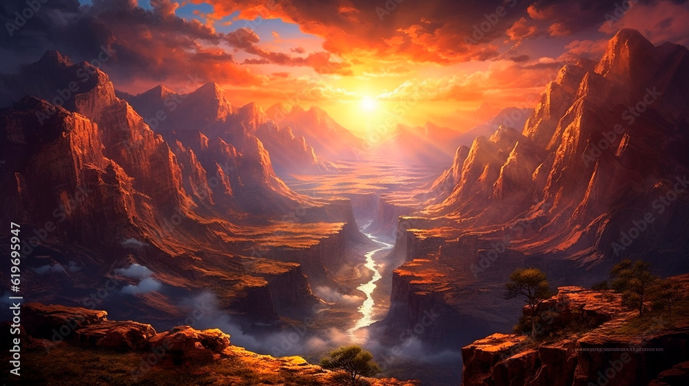 Majestic mountain range, with the sun setting behind a fiery canyon sunset. Generative AI