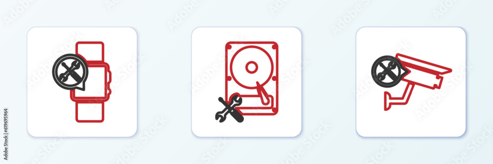 Set line Security camera service, Smartwatch and Hard disk drive icon. Vector Set line Security camera service, Smartwatch and Hard disk drive icon. Vector