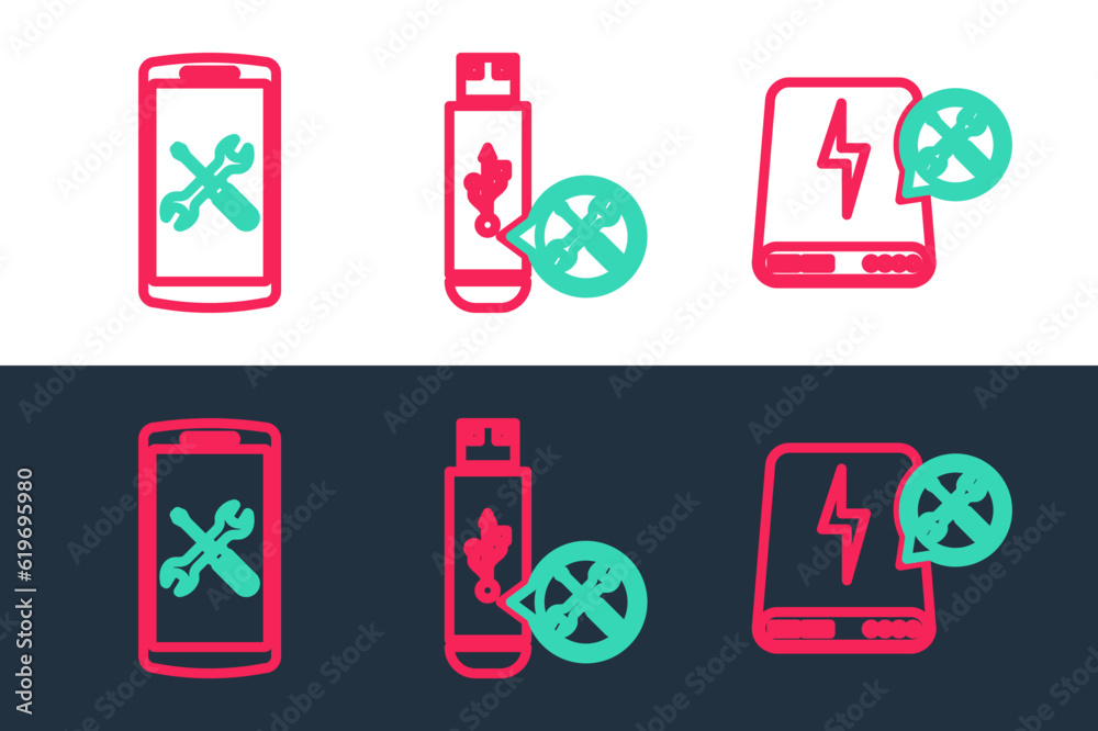 Set line Power bank service, Smartphone and USB flash drive icon. Vector Set line Power bank service, Smartphone and USB flash drive icon. Vector