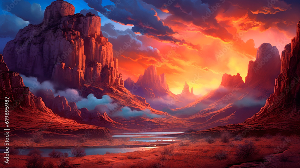 Majestic mountain range, with the sun setting behind a fiery canyon sunset. Generative AI