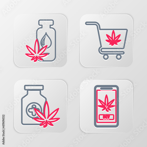 Set line Online buying marijuana, Medical bottle with, Shopping cart and Marijuana or cannabis leaf oil icon. Vector