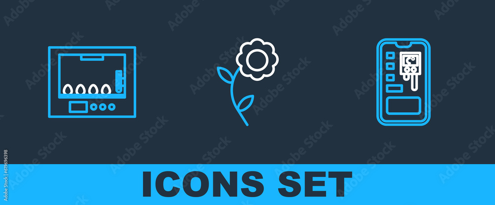 Naklejka premium Set line Smart control farming system, Incubator for eggs and Flower icon. Vector