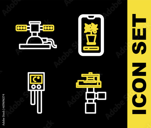 Set line Smart control farming system, Automatic irrigation sprinklers, Temperature and humidity sensor and icon. Vector