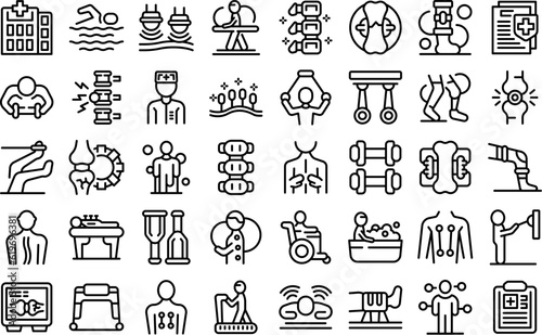 Physiotherapy icons set outline vector. Treatment exercise. Session program