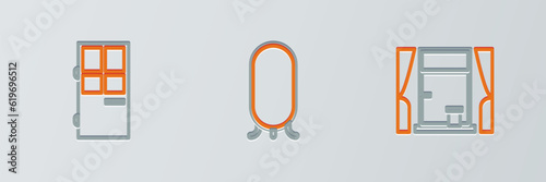 Set line Window with curtains, Closed door and Big full length mirror icon. Vector