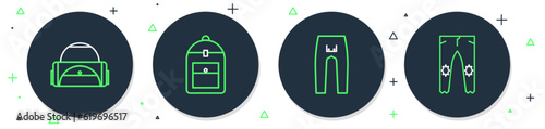 Set line Backpack, Pants, Sport bag and icon. Vector