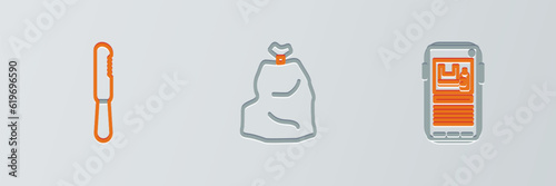 Set line Stop plastic pollution, Disposable knife and Garbage bag icon. Vector