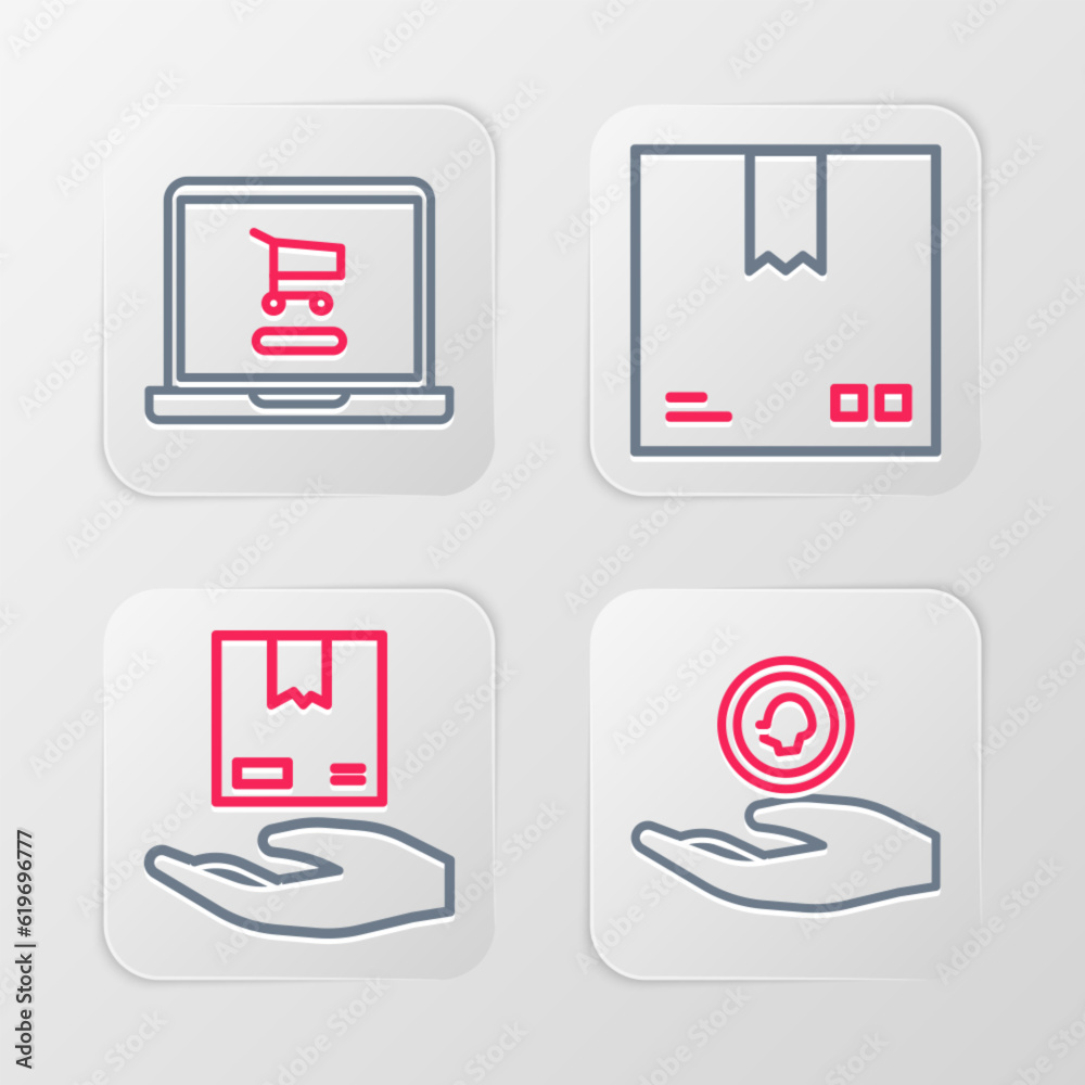 Set line Hand holding coin money, Delivery hand with boxes, Cardboard traffic symbol and Shopping cart laptop icon. Vector Set line Hand holding coin money, Delivery hand with boxes, Cardboard traffic symbol and Shopping cart laptop icon. Vector