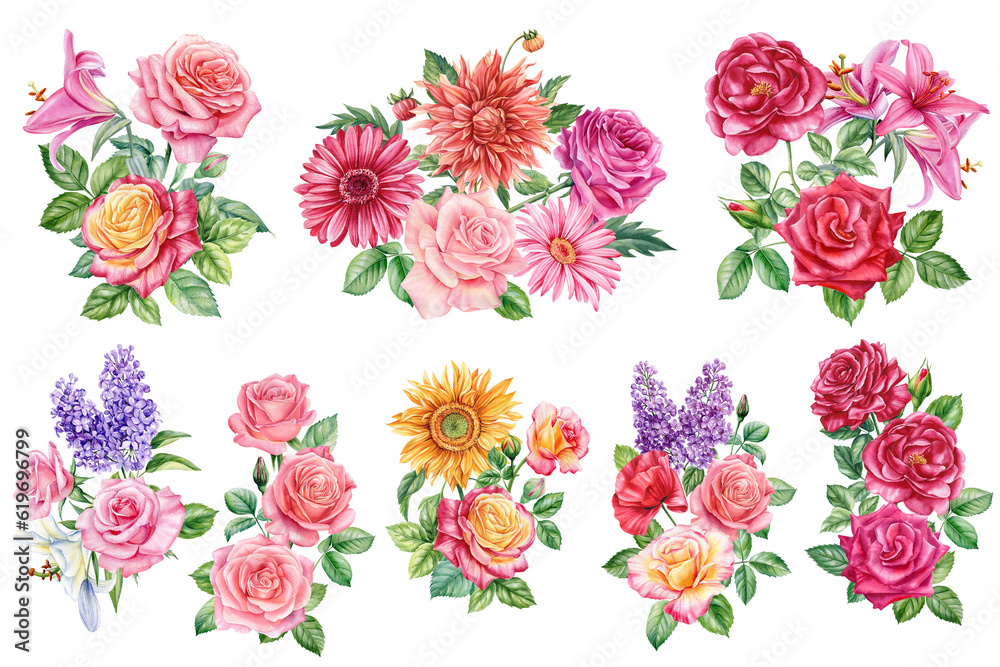 beautiful colorful Flowers and leaves isolated on white background. Watercolor hand draw flora. Bouquet flowers