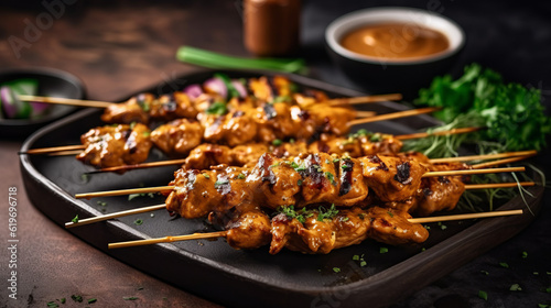 Slika na platnu meat on the grill, chicken satay skewers topped with sauce, generative ai