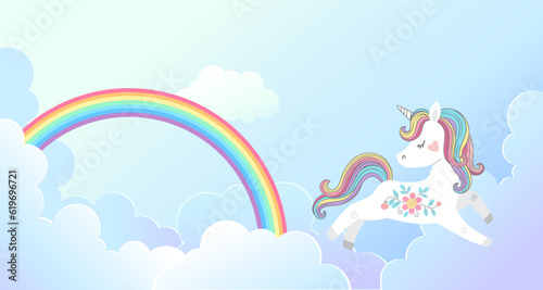 Vector background in for magic design. Cute unicorn jumps on fluffy cloud and bright rainbow in the blue sky