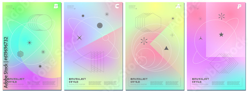 Abstract brutalism poster set with minimalistic geometric linear planets on shapes on gradient space background. Modern brutalist style minimal simple graphic prints. Brutal trendy y2k design template