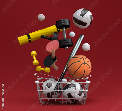 Sport equipment for fitness, gym in shopping basket on red