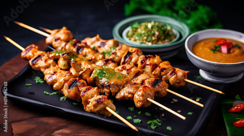 meat on the grill, chicken satay skewers topped with sauce, generative ai