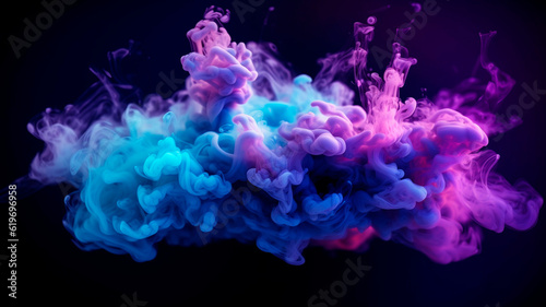 Neon blue and periwinkle multicolored smoke puff cloud design elements on a dark background. Generative AI