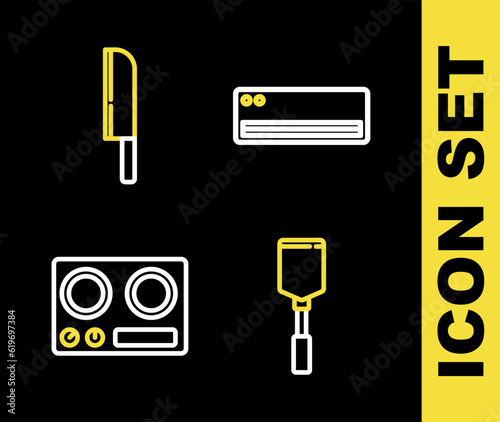 Set line Air conditioner, Spatula, Gas stove and Knife icon. Vector