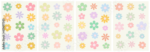 Set of colorful abstract backgrounds. Y2k aesthetic. Vector cards in retro psychedelic style. Groovy backgrounds. Groovy retro flowers daisy set.