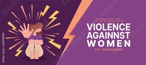 International Day for the Elimination of Violence Against Women - The woman sitting on the floor and raised her hand to defend and stop attacked herself with line thunder around vector design