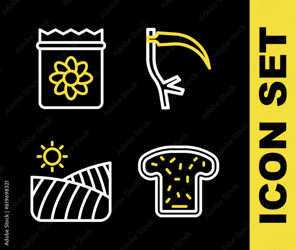 Set line Scythe, Bread toast, Agriculture wheat field and Pack full of seeds of plant icon. Vector Set line Scythe, Bread toast, Agriculture wheat field and Pack full of seeds of plant icon. Vector