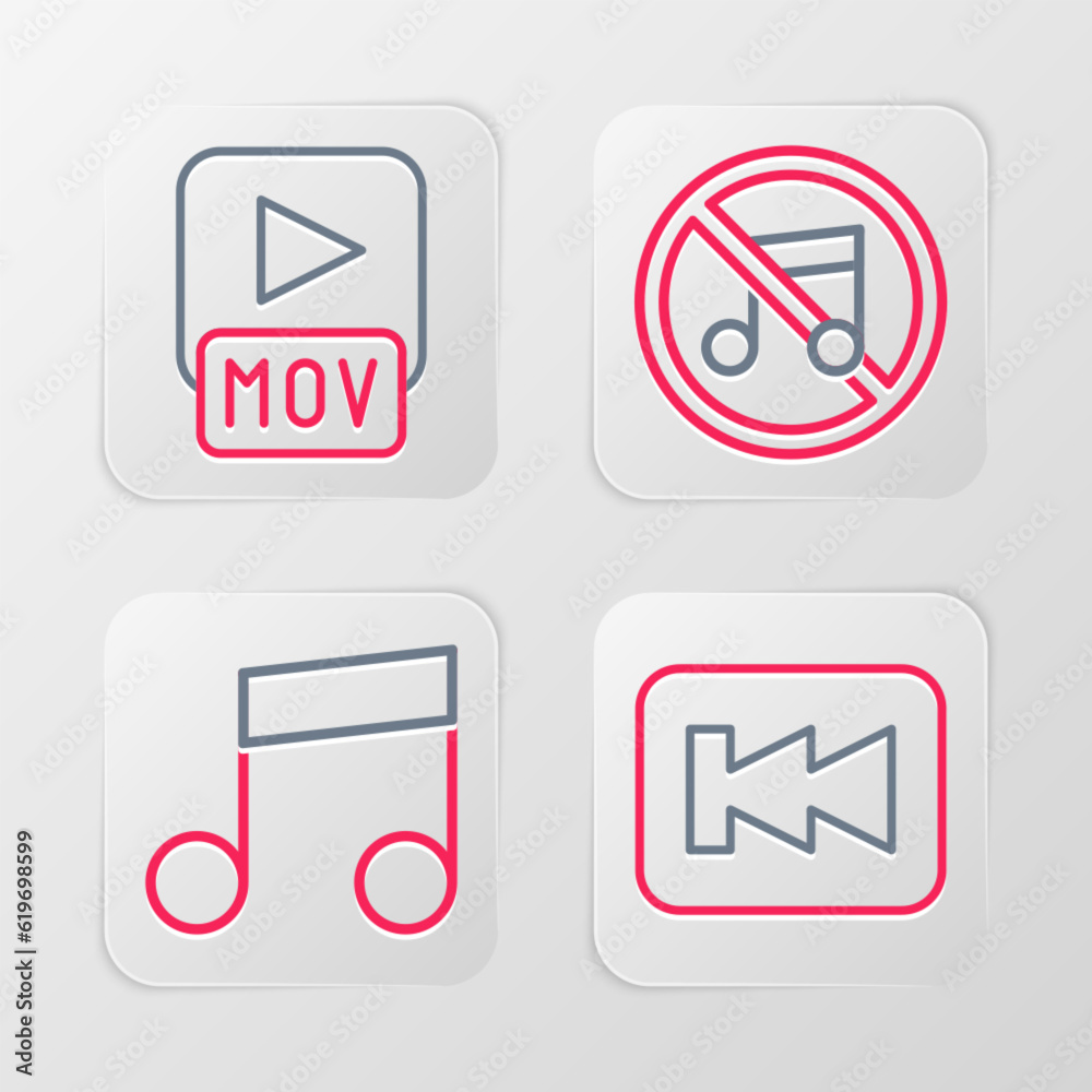 Set line Rewind button, Music note, tone, Speaker mute and MOV file icon. Vector Set line Rewind button, Music note, tone, Speaker mute and MOV file icon. Vector