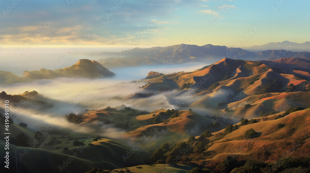 sunset in the mountains, thick fog over a mountains, generative ai