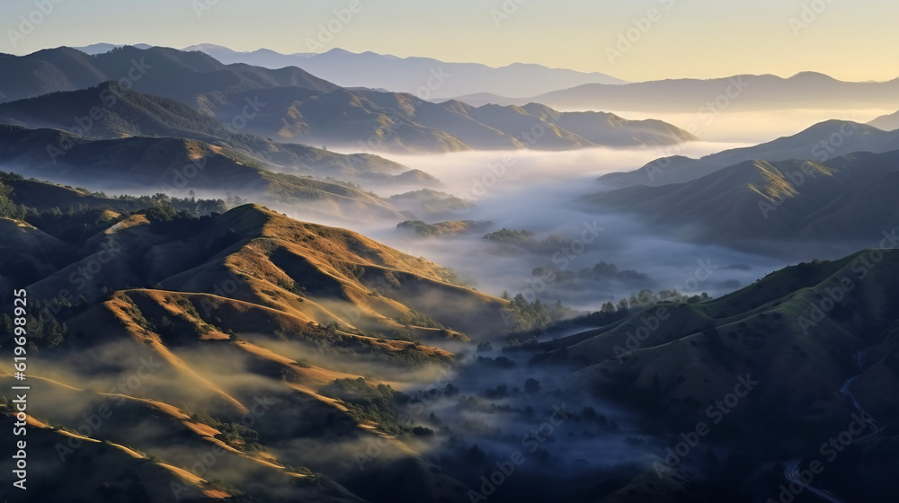 sunset in the mountains, thick fog over a mountains, generative ai