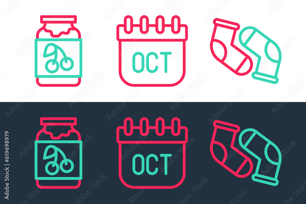 Set line Socks, Jam jar and October calendar autumn icon. Vector Set line Socks, Jam jar and October calendar autumn icon. Vector