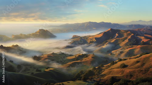 sunset in the mountains  thick fog over a mountains  generative ai