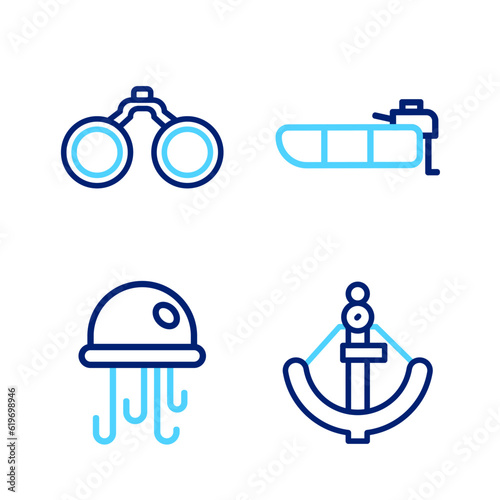 Set line Anchor, Jellyfish, Inflatable boat with motor and Binoculars icon. Vector