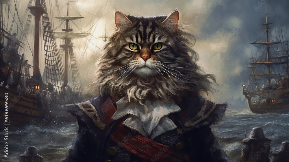 Siberian cat in an old port, generative ai Siberian cat in an old port, generative ai