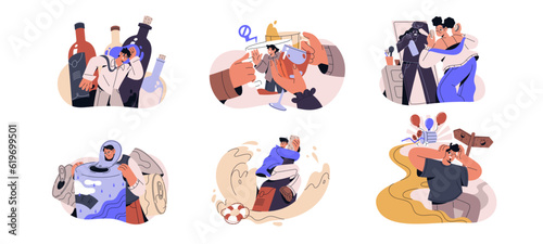 Alcohol addiction, abuse, alcoholism problem concept set. Addicted drunk people, drinkers, dunkards drink excessive spirits, alcoholic beverages. Flat vector illustrations isolated on white background