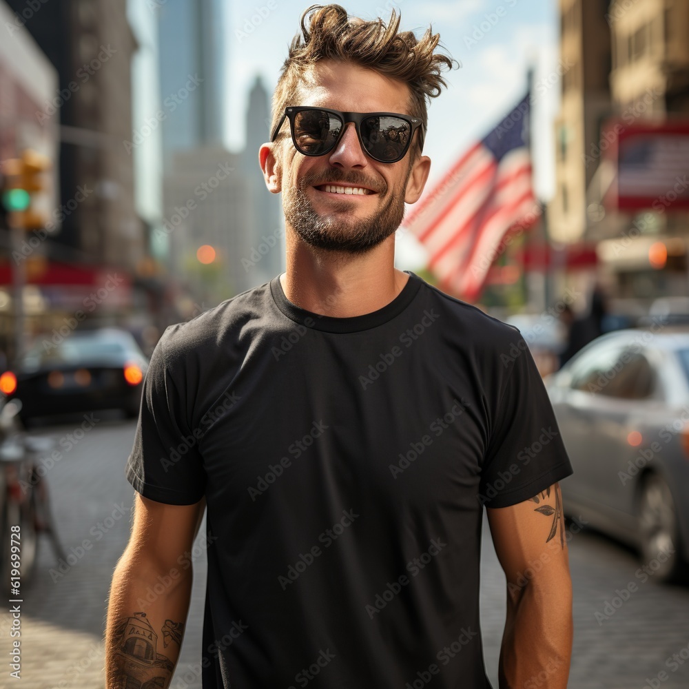 Illustration of a fashion portrait with plain t-shirt mockup ,  AI Generated