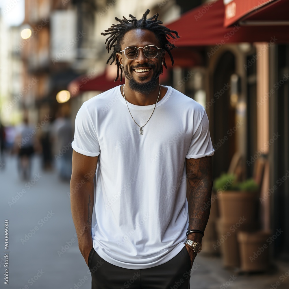 Illustration of a fashion portrait with plain t-shirt mockup ,  AI Generated