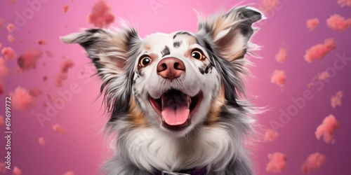 Happy dog smiling on isolated pink background. Cute playful doggy or pet is playing and looking happy. Concept of motion, action, movement, generative ai