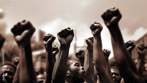 Raised fists in juneteenth and african liberation day celebration. Generative AI