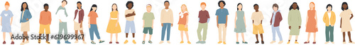 Children of different ethnicities stand side by side together. Transparent background.