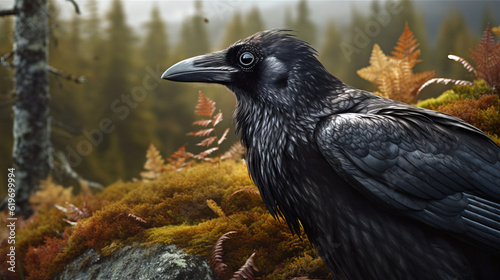 raven on the ground, raven in a norwegian mountains, generative ai