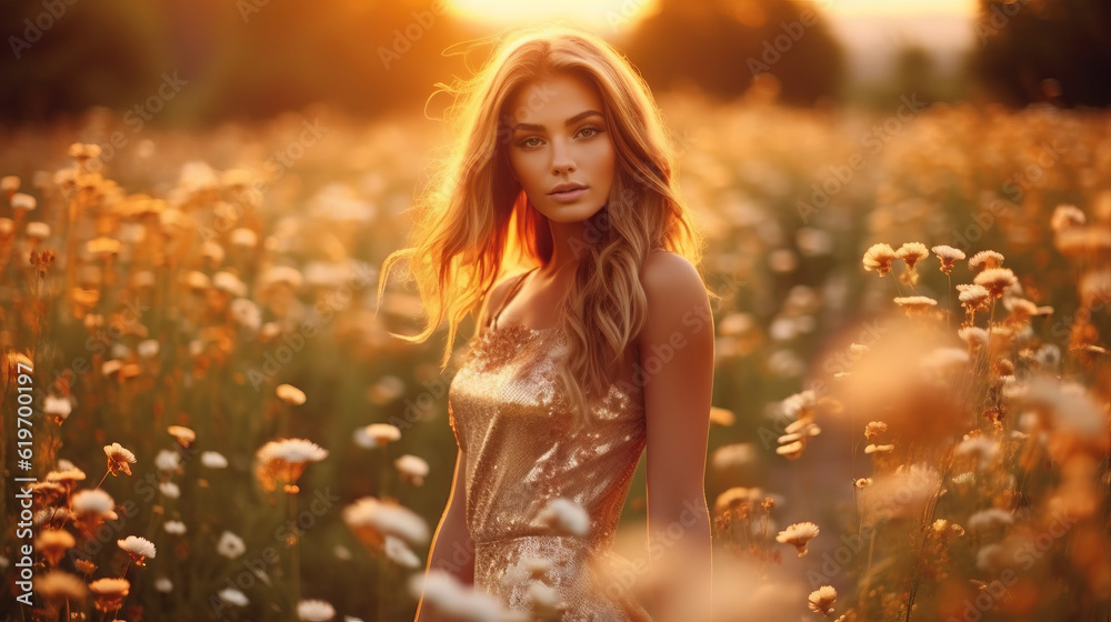 portrait of a woman in sunset, young girln in field of flowers, generative ai